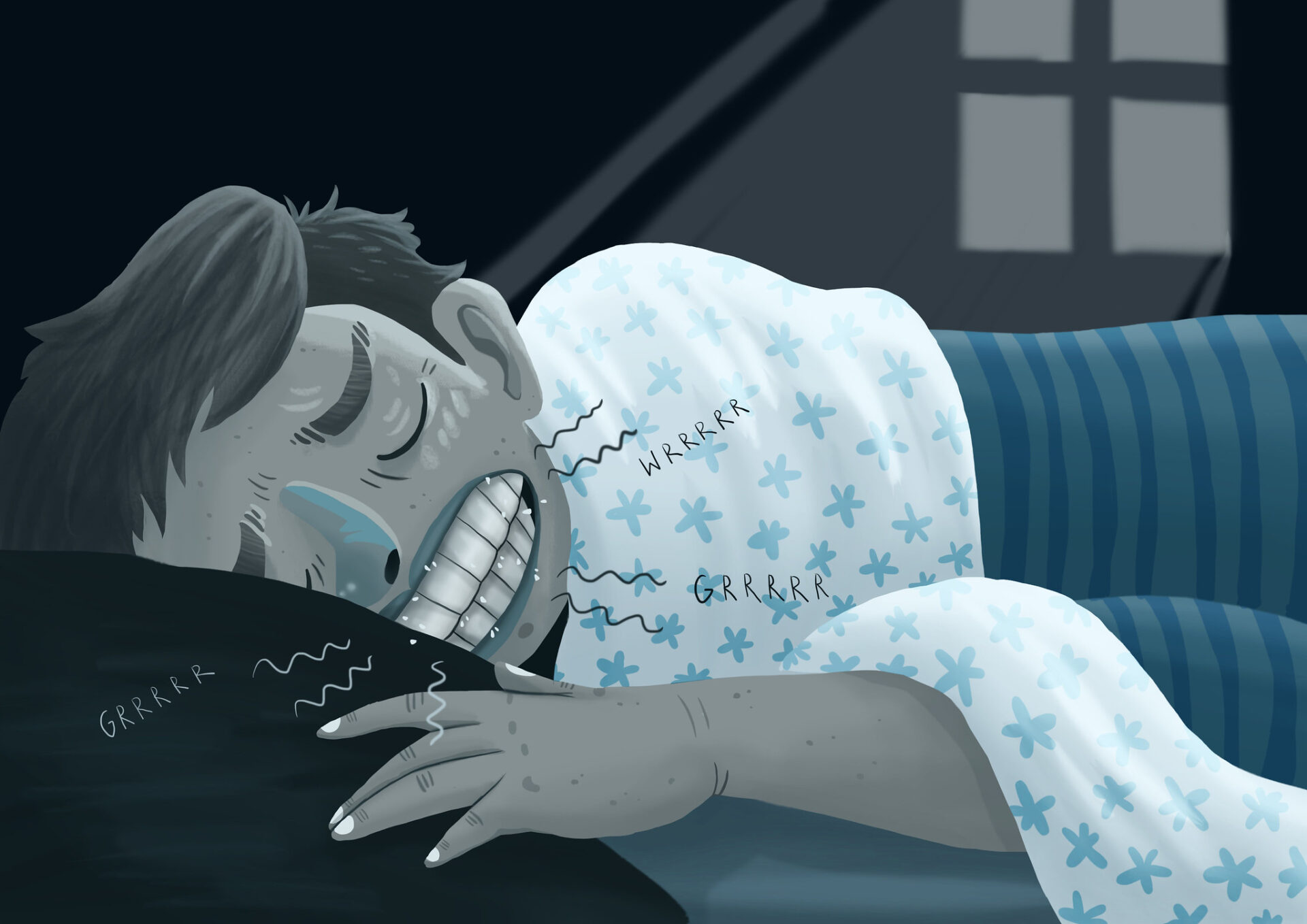 Cartoon drawing of a man grinding and clenching his teeth while sleeping