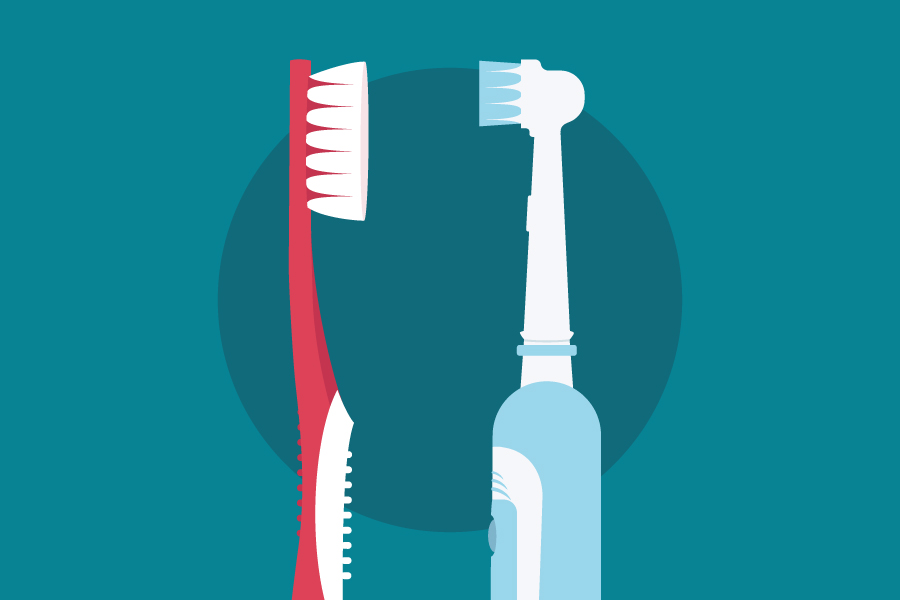 manual toothbrush next to an electric toothbrush on a teal background