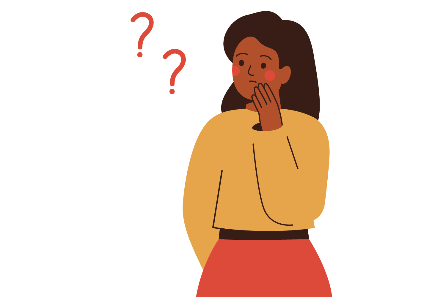 Illustration of a Black woman in a yellow blouse touching her cheek next to floating question marks
