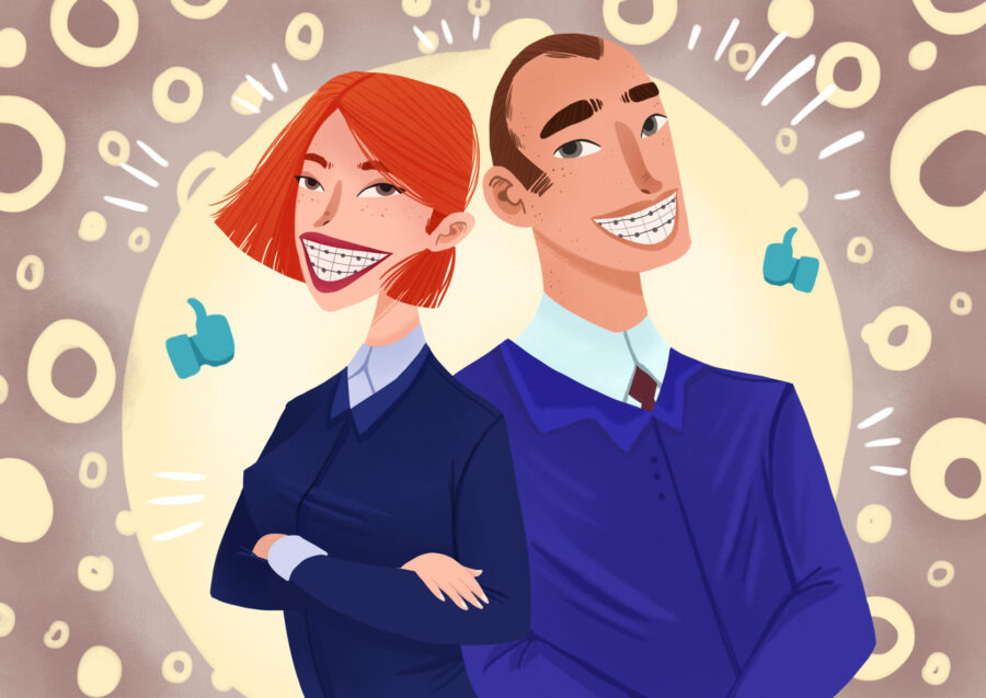 Illustration of 2 adults smiling with adult braces