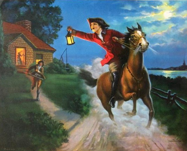 Painting of Paul Revere during his famous midnight ride during the American Revolutionary War warning leaders of the British invasion