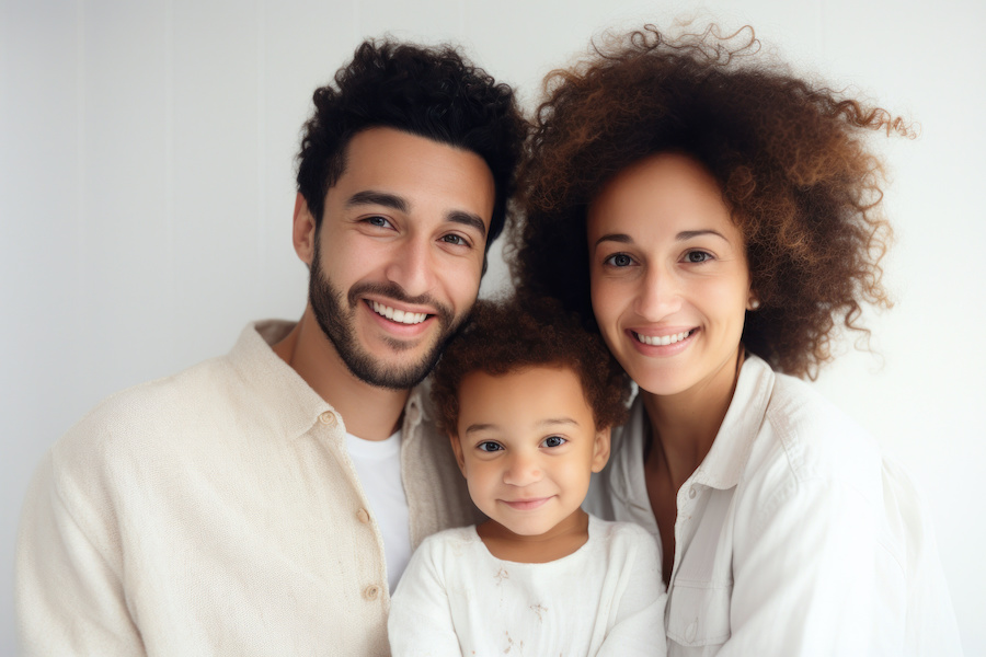 A beautiful Black family of a dad, mom, and young toddler smiling together